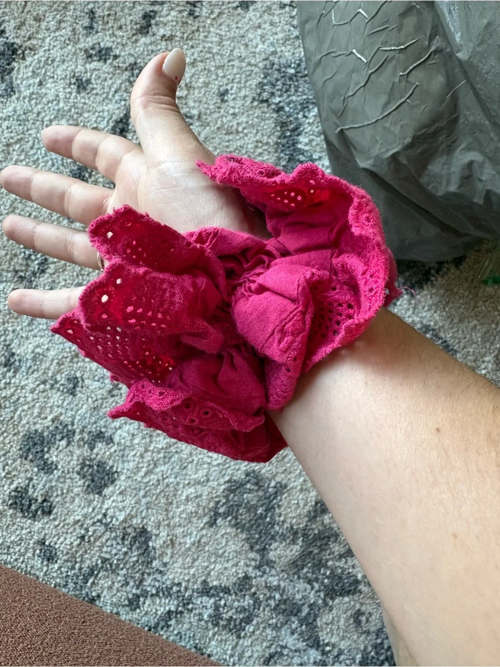 Eyelet Ruffle Hair Scrunchie - Fuchsia, comes with 2 pink hair ties